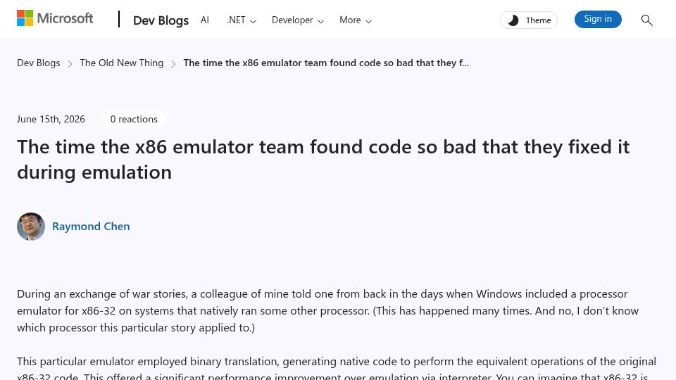 Screenshot of devblogs.microsoft.com: The time the x86 emulator team found code so bad they fixed it during emulation