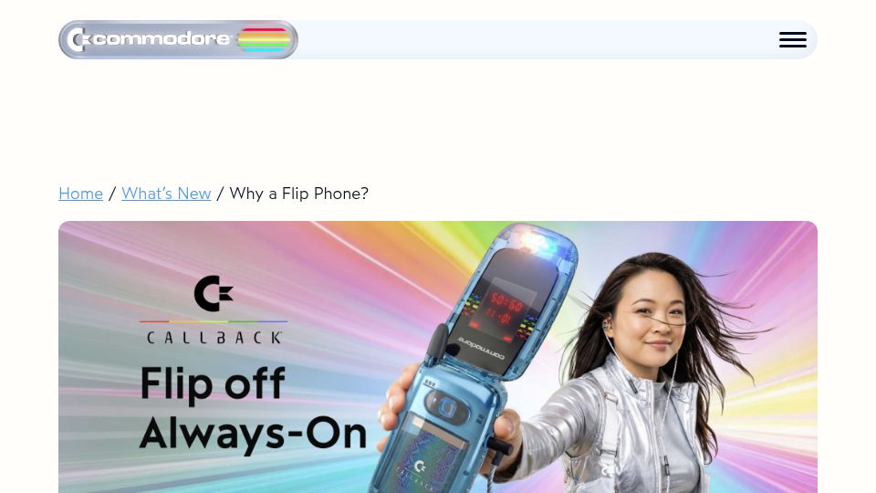 Screenshot of commodore.net: Commodore Releases Flip Phone