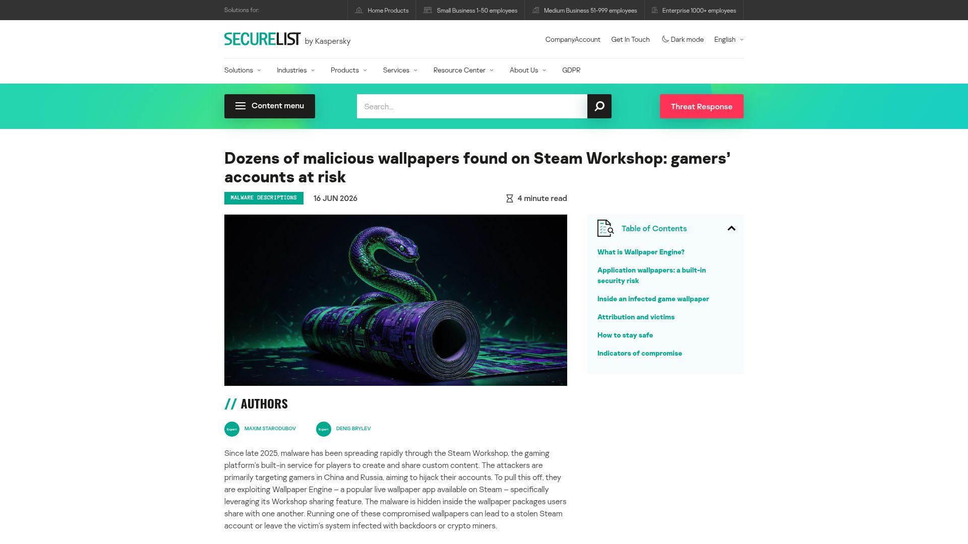Screenshot of securelist.com: Gamers beware: malicious wallpapers on Steam found stealing accounts