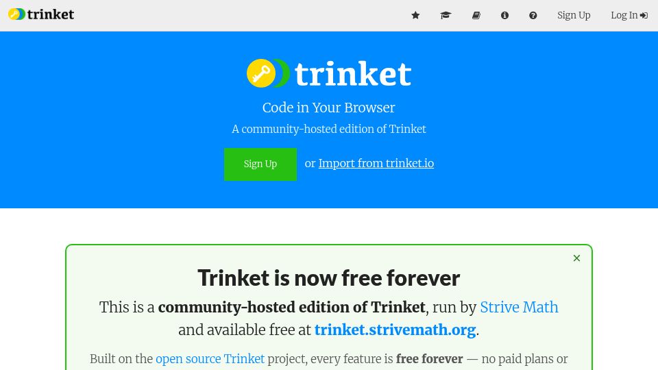 Screenshot of trinket.strivemath.org: Trinket.io shutting down, so we saved it and hosted it a trinket.strivemath.org