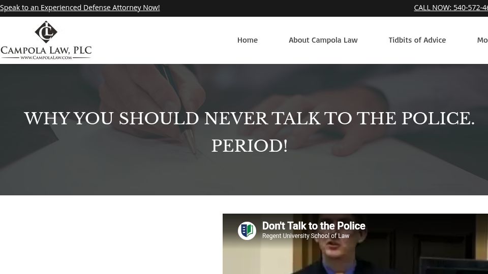 Screenshot of campolalaw.com: Never talk to the police