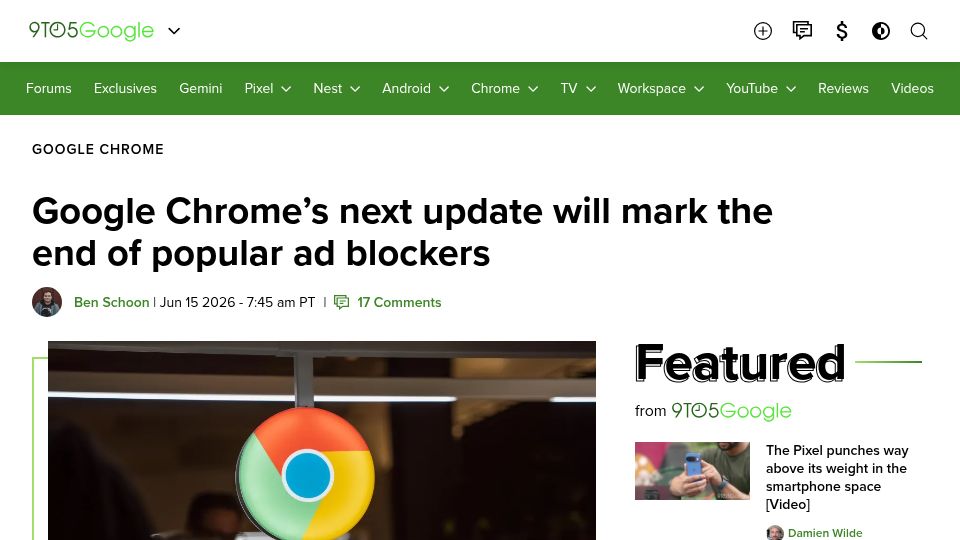 Screenshot of 9to5google.com: Google Chrome update will close the door on ad blockers