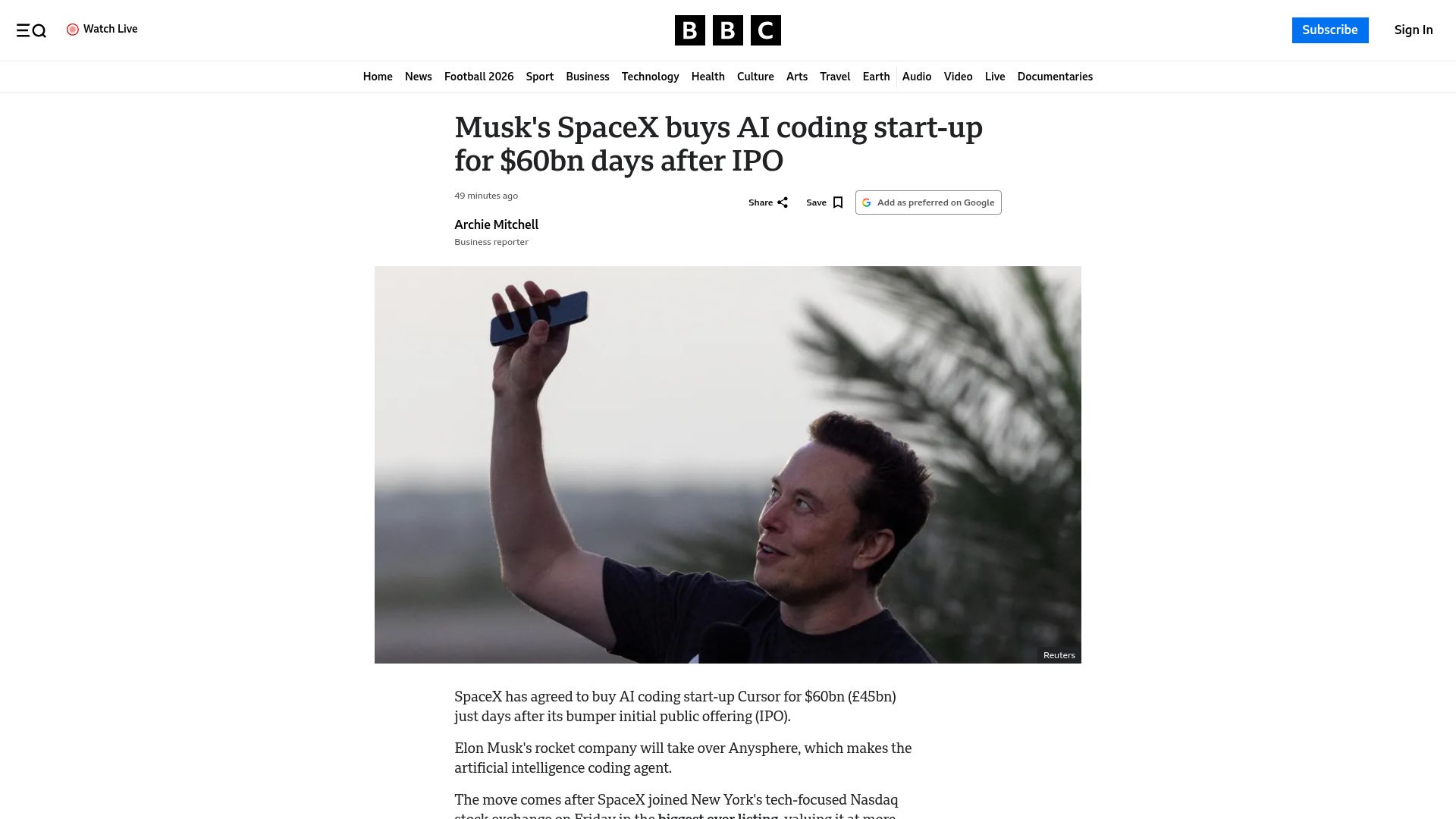 Screenshot of bbc.com: SpaceX Is Buying Cursor