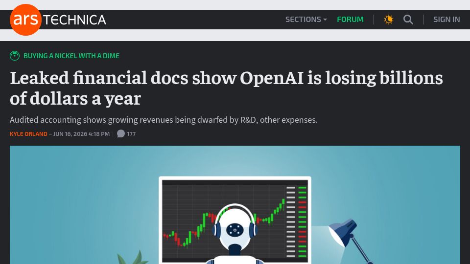 Screenshot of arstechnica.com: Leaked financial docs show OpenAI is losing billions of dollars a year