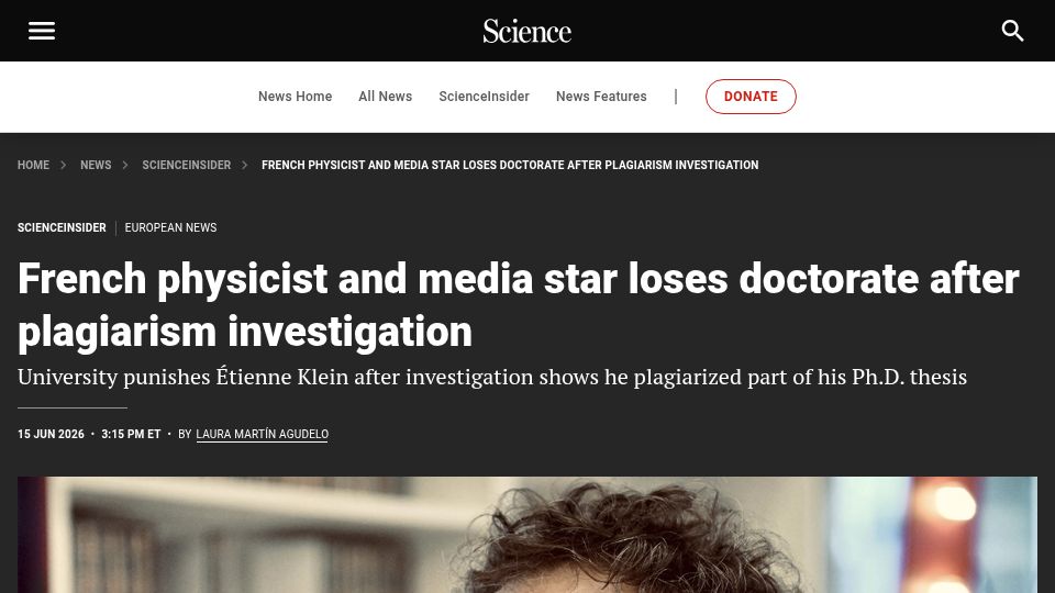 Screenshot of science.org: French physicist and media star loses doctorate after plagiarism investigation
