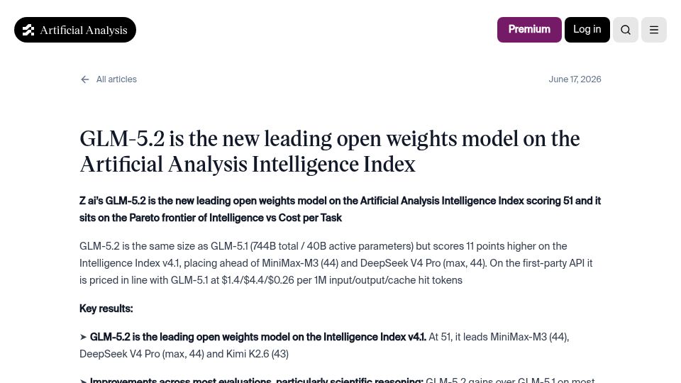 Screenshot of artificialanalysis.ai: GLM-5.2 is the new leading open weights model on Artificial Analysis