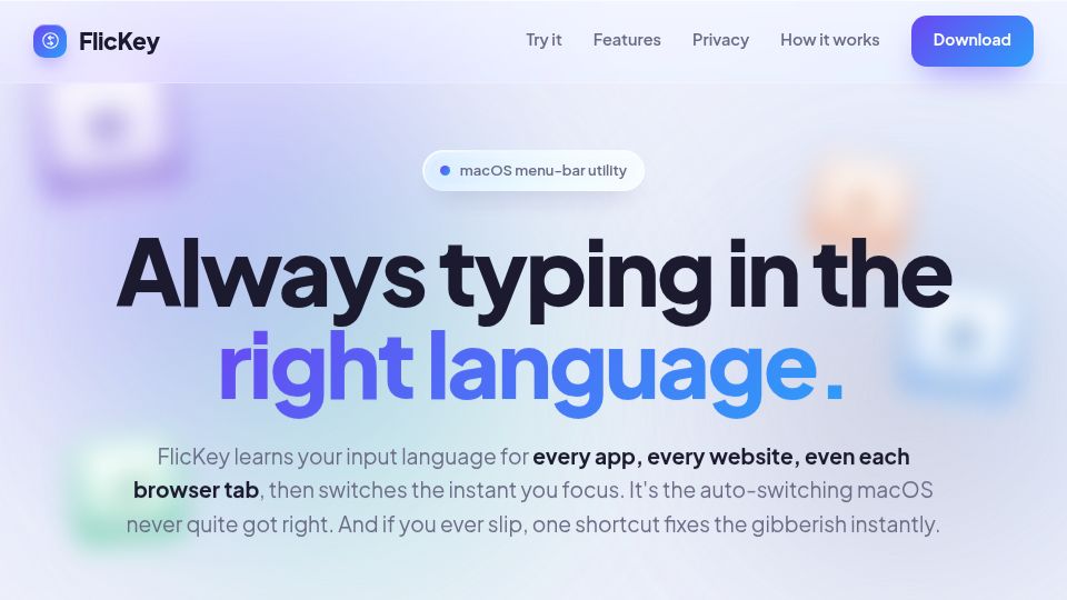 Screenshot of flickey.site: Made a free macOS menu bar app that fixes typing in the wrong keyboard layout