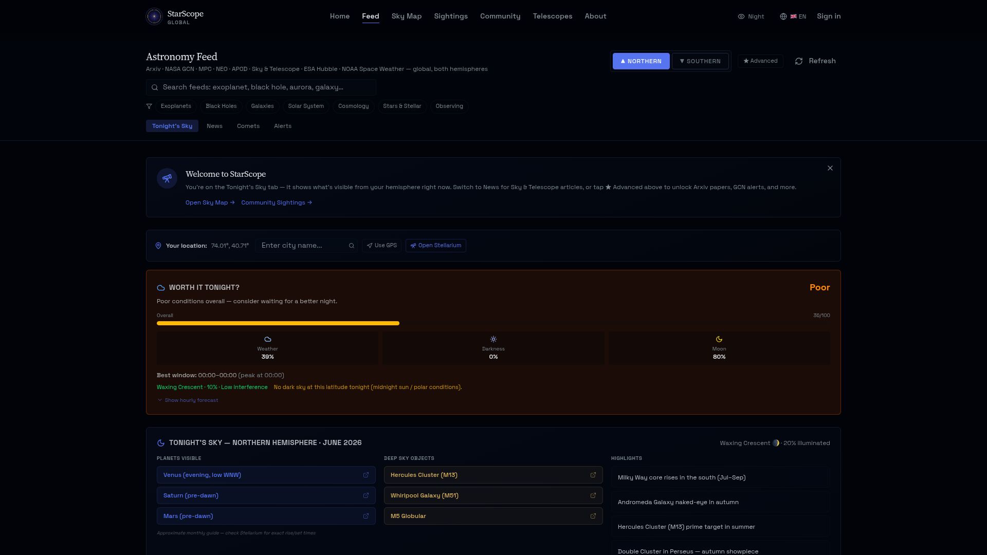 Screenshot of starscope.live: Show HN: StarScope – Free astronomy dashboard for observers outside the US/UK