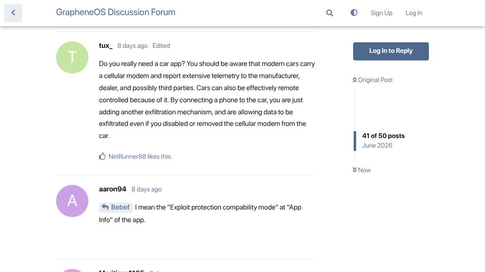 Screenshot of discuss.grapheneos.org: Volkswagen started blocking GrapheneOS users
