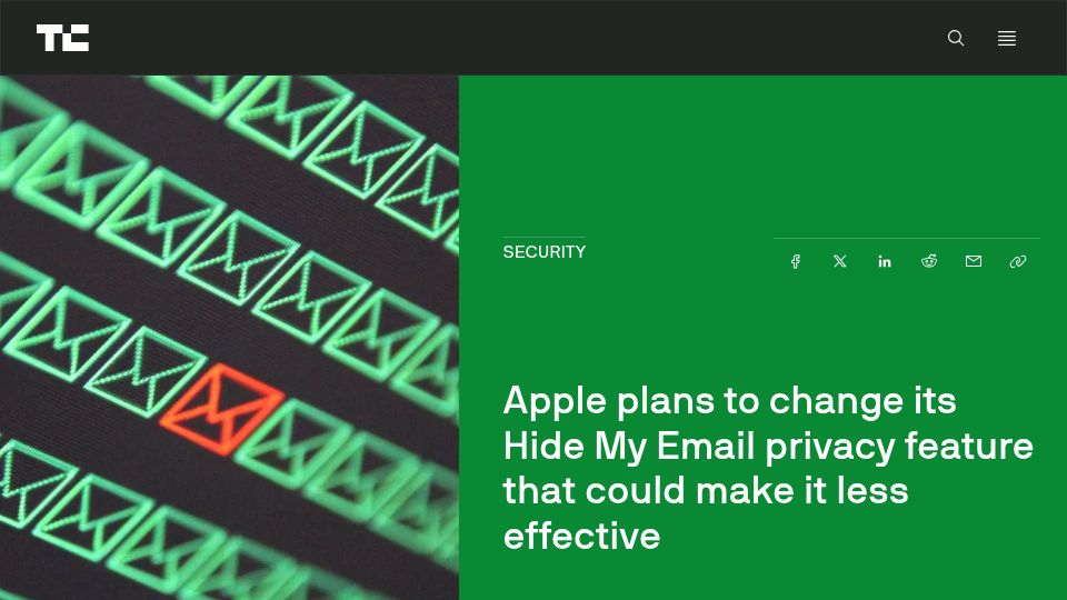 Screenshot of techcrunch.com: Apple plans change to Hide My Email that could make it less effective