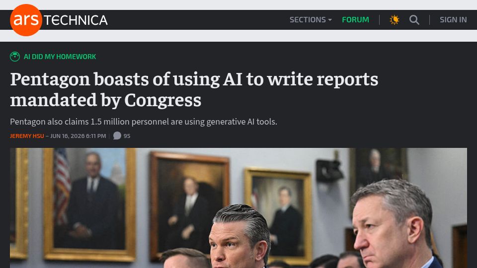 Screenshot of arstechnica.com: Pentagon boasts of using AI to write reports mandated by Congress (1.5mil users)
