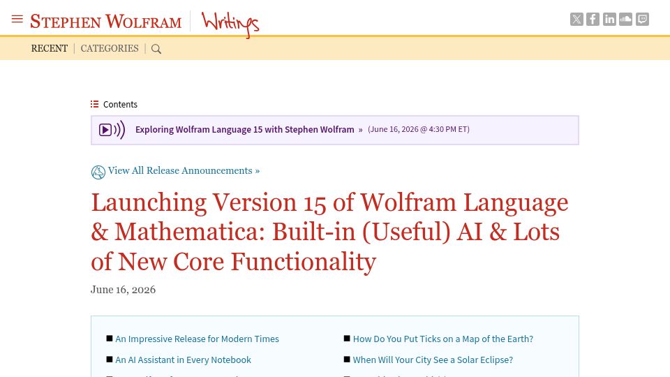 Screenshot of writings.stephenwolfram.com: Wolfram Language and Mathematica version 15