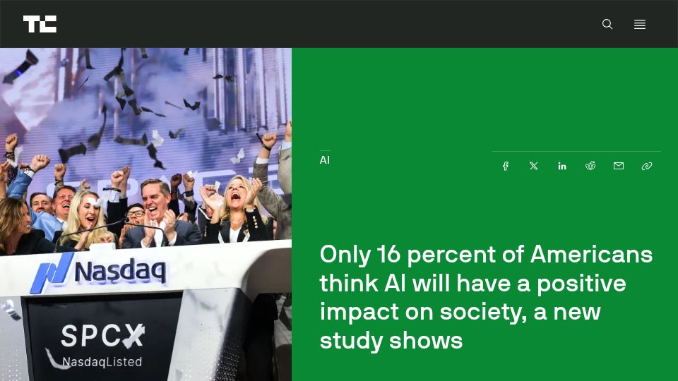 Screenshot of techcrunch.com: Only 16 Percent of Americans Think AI Will Have a Positive Impact on Society