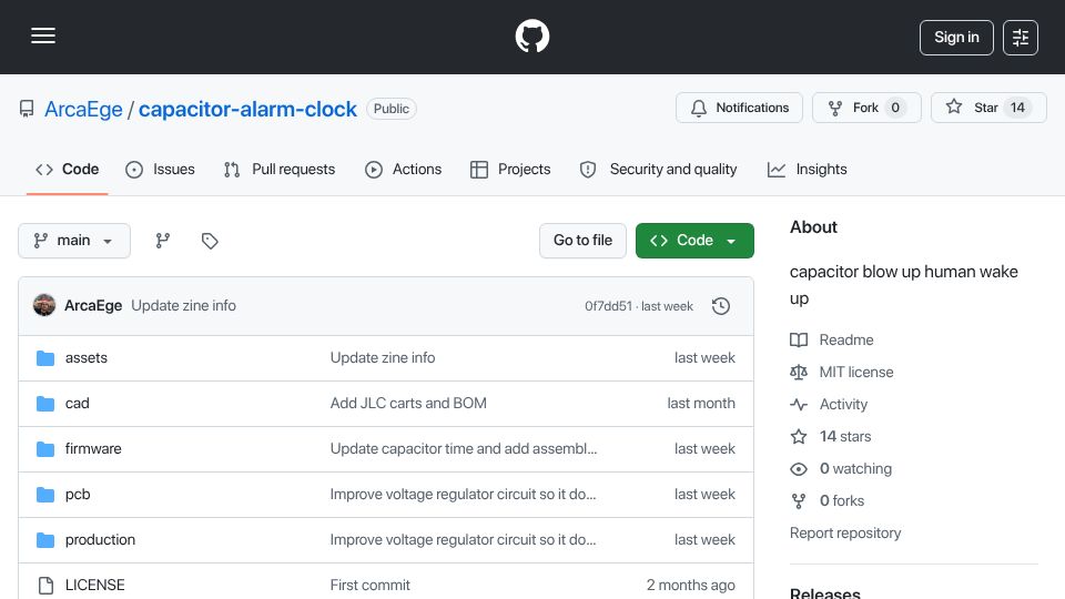 Screenshot of github.com: Show HN: Capacitor Alarm Clock