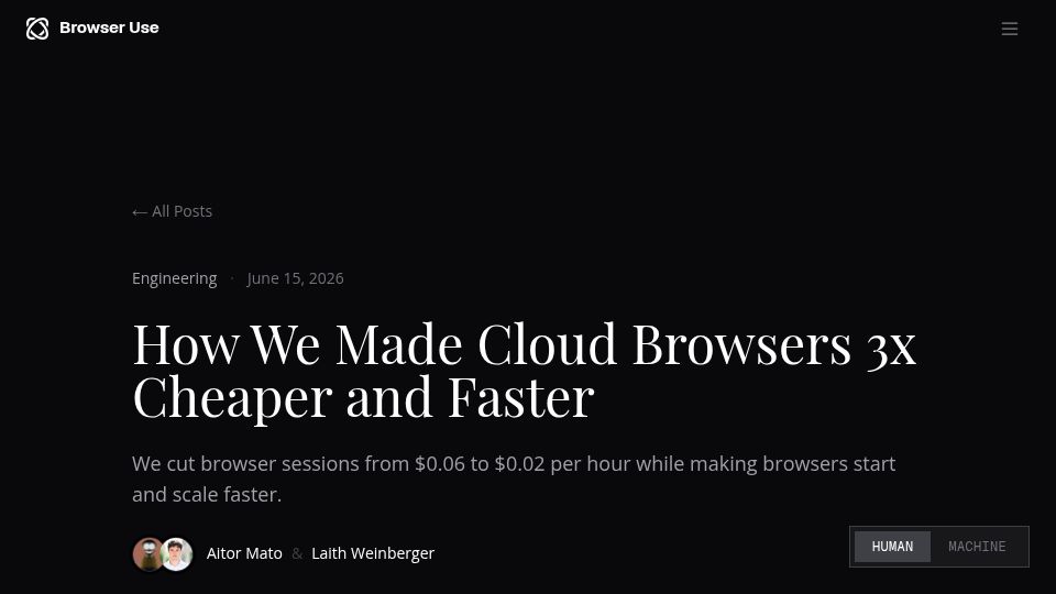 Screenshot of browser-use.com: How we run Firecracker VMs inside EC2 and start browsers in less than 1s