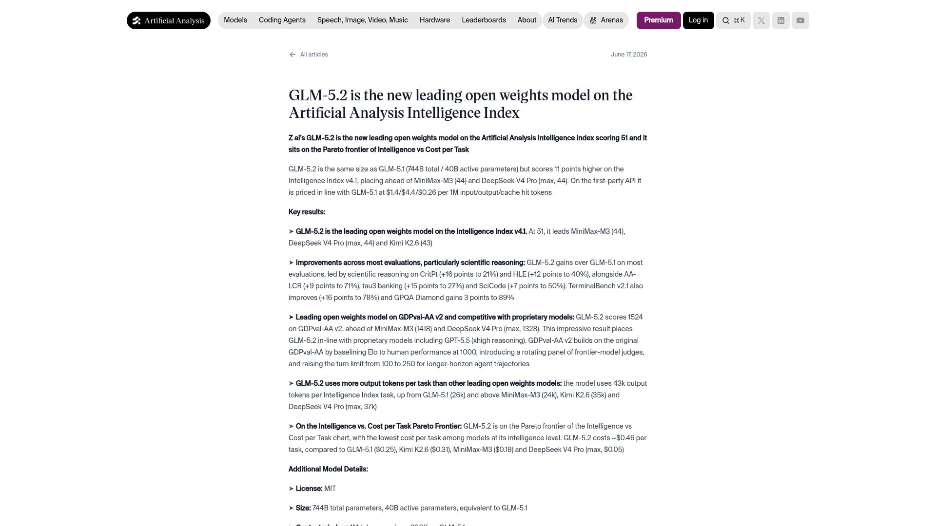 Screenshot of artificialanalysis.ai: GLM-5.2 is the new leading open weights model on Artificial Analysis