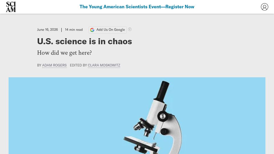 Screenshot of scientificamerican.com: U.S. science is in chaos