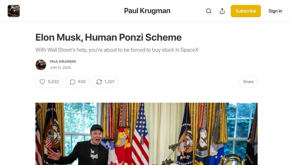 Screenshot of paulkrugman.substack.com: Krugman: Musk, a Human Ponzi Scheme