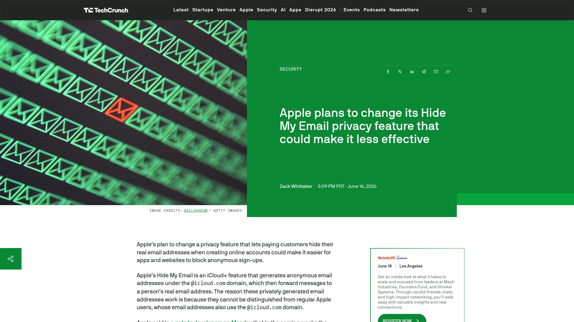 Screenshot of techcrunch.com: Apple plans change to Hide My Email that could make it less effective