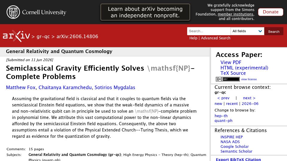 Screenshot of arxiv.org: Semiclassical Gravity Efficiently Solves NP-Complete Problems