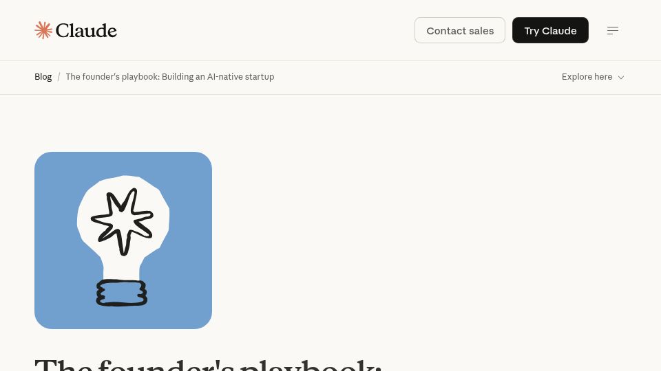 Screenshot of claude.com: The founder's playbook: Building an AI-native startup