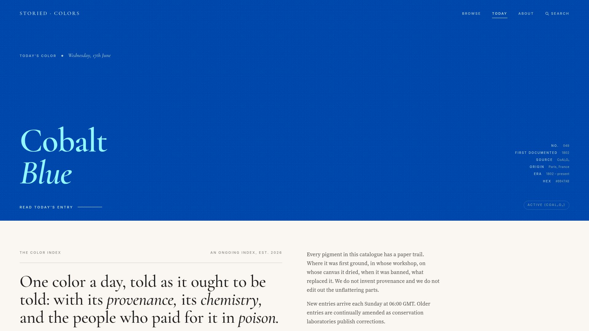 Screenshot of storiedcolors.com: Storied Colors – A catalogue of named colors