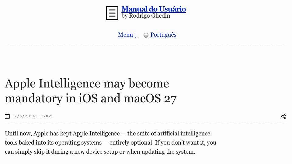 Screenshot of manualdousuario.net: Apple Intelligence may become mandatory in iOS and macOS 27