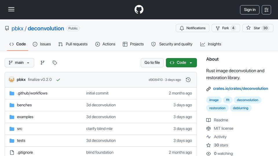 Screenshot of github.com: Show HN: Deconvolution – a Rust image deconvolution and restoration crate