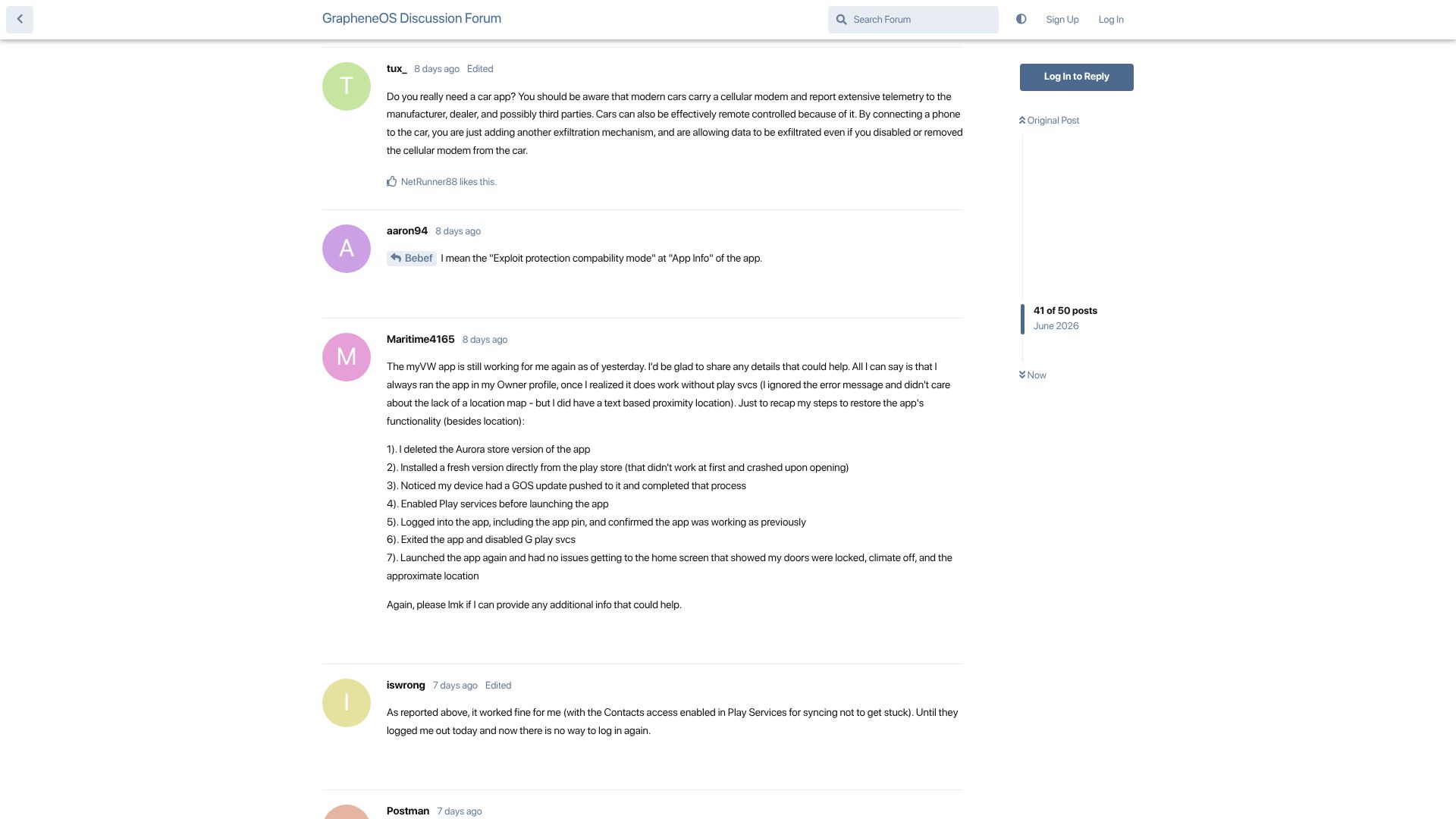 Screenshot of discuss.grapheneos.org: Volkswagen started blocking GrapheneOS users