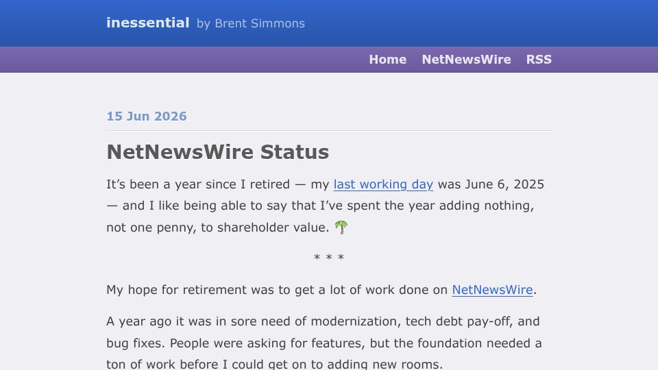 Screenshot of inessential.com: NetNewsWire Status