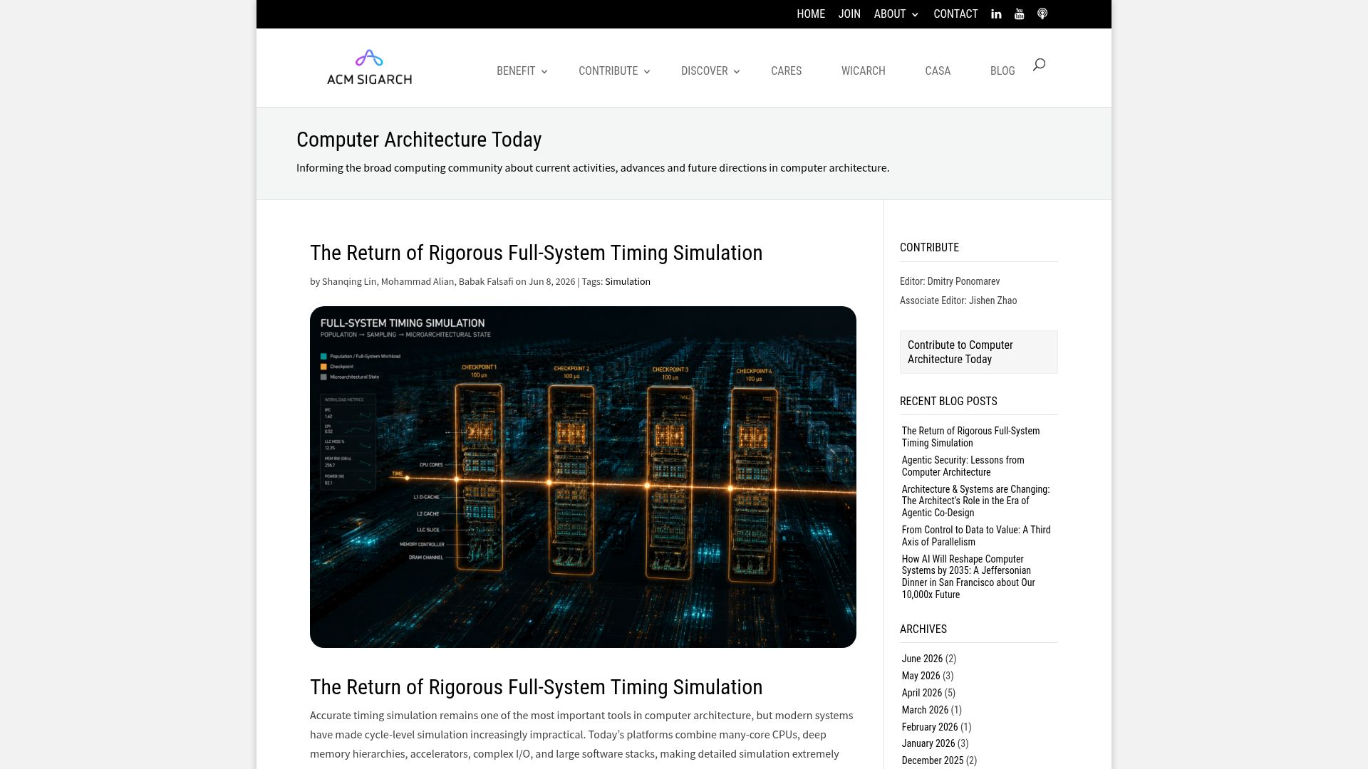 Screenshot of sigarch.org: The Return of Rigorous Full-System Timing Simulation