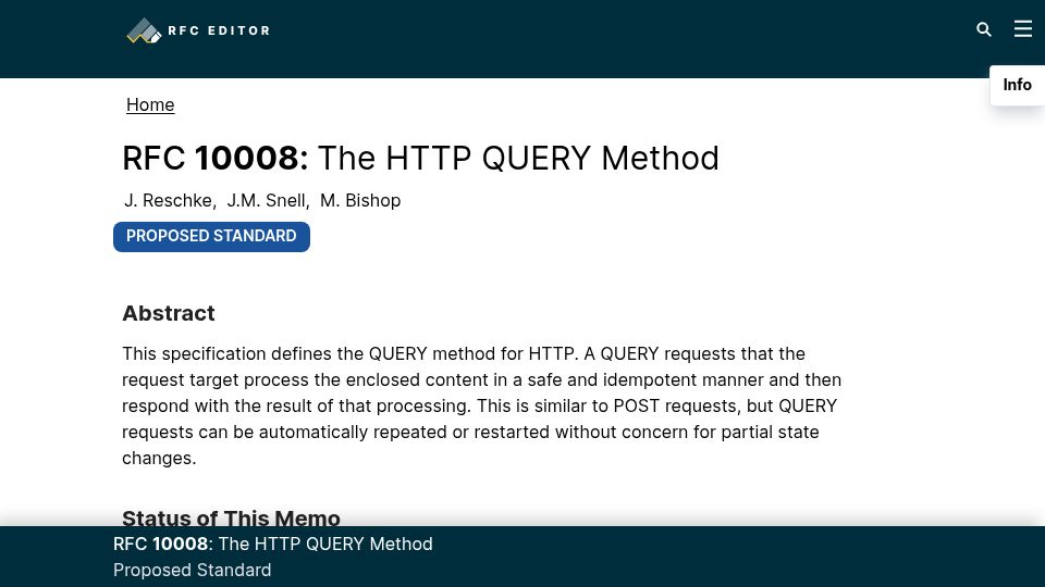 Screenshot of rfc-editor.org: RFC 10008: The new HTTP Query Method