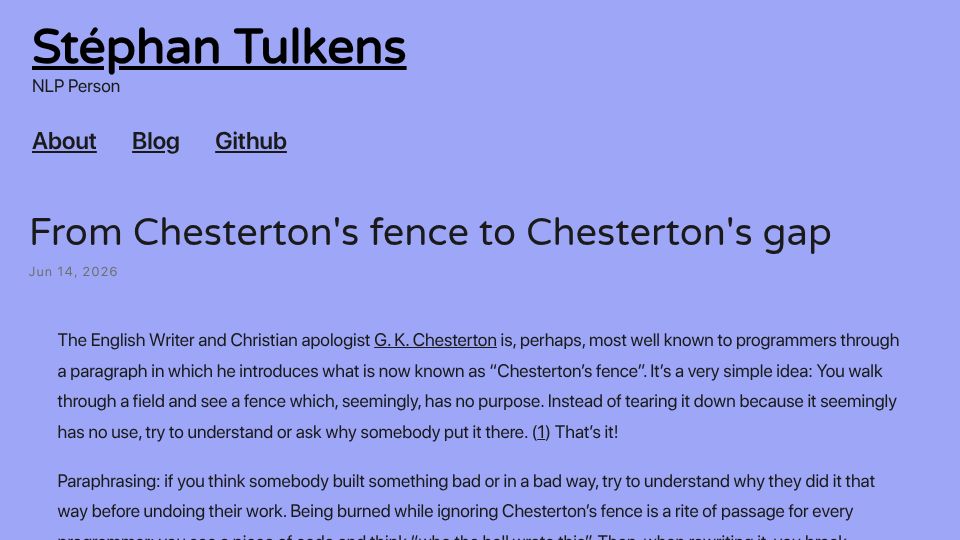 Screenshot of stephantul.github.io: From Chesterton's fence to Chesterton's gap