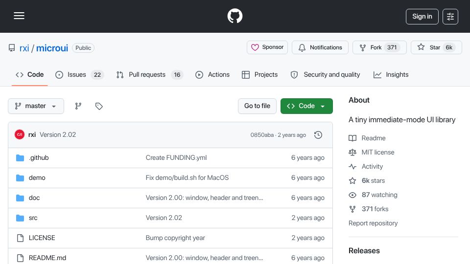 Screenshot of github.com: MicroUI – A tiny, portable, immediate-mode UI library written in ANSI C
