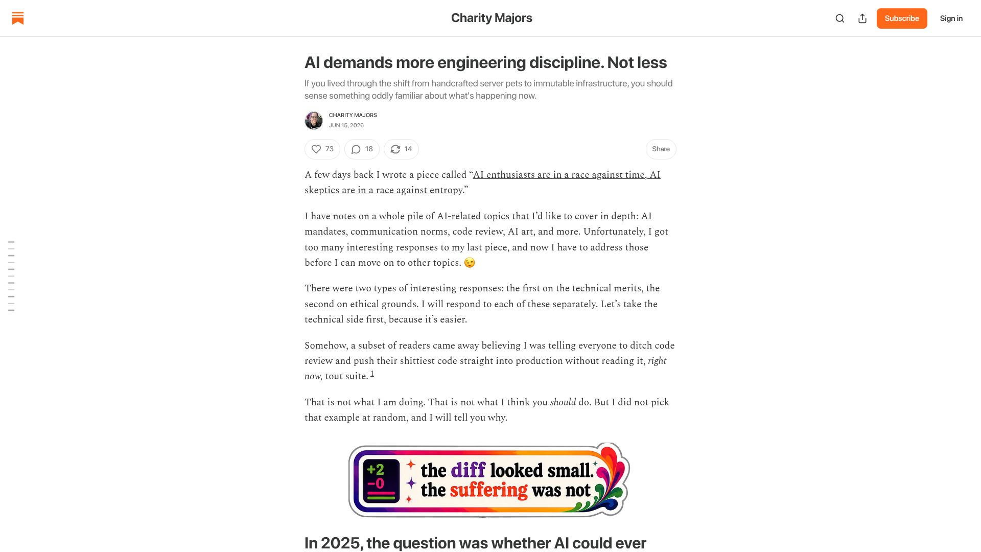Screenshot of charitydotwtf.substack.com: AI demands more engineering discipline. Not less