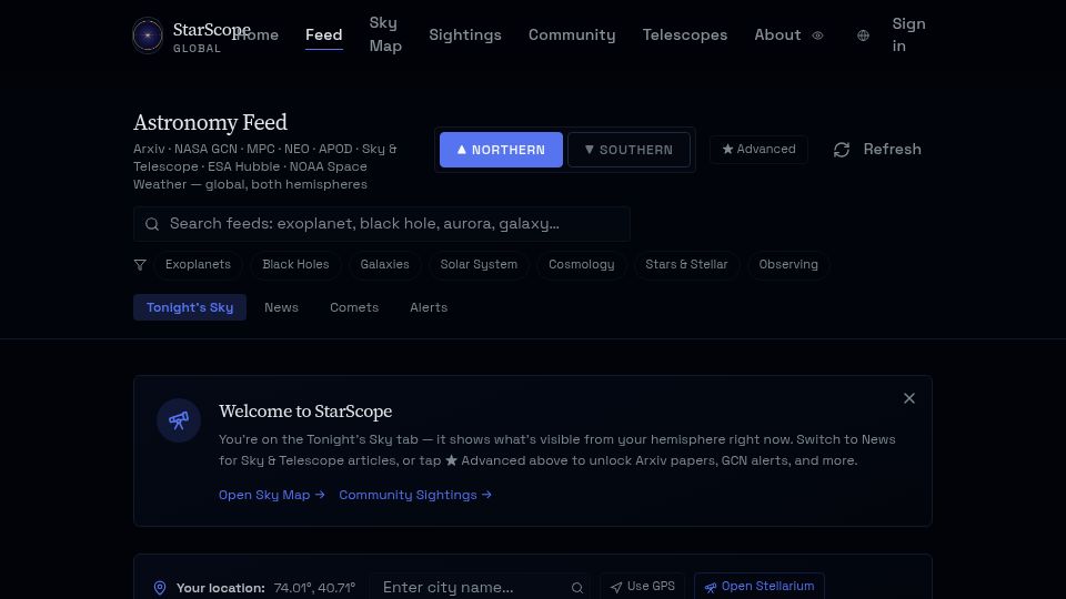 Screenshot of starscope.live: Show HN: StarScope – Free astronomy dashboard for observers outside the US/UK