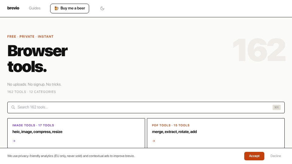 Screenshot of brevio.pro: Show HN: I built 184 free browser tools – PDF, image, dev, AI tasks, no upload