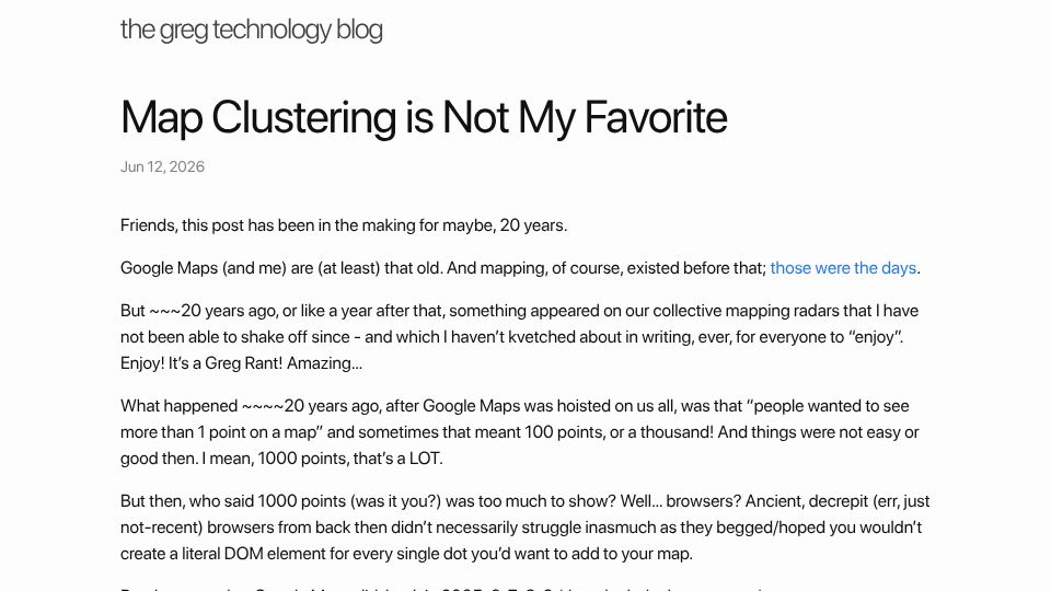 Screenshot of blog.greg.technology: Map Clustering Is Not My Favorite