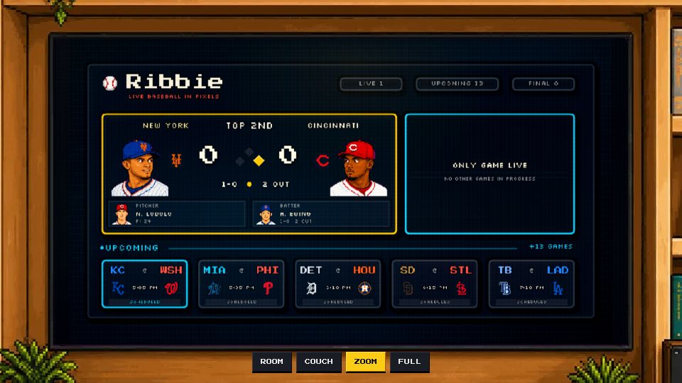 Screenshot of ribbie.tv: Show HN: An 8-bit live gamecast for baseball