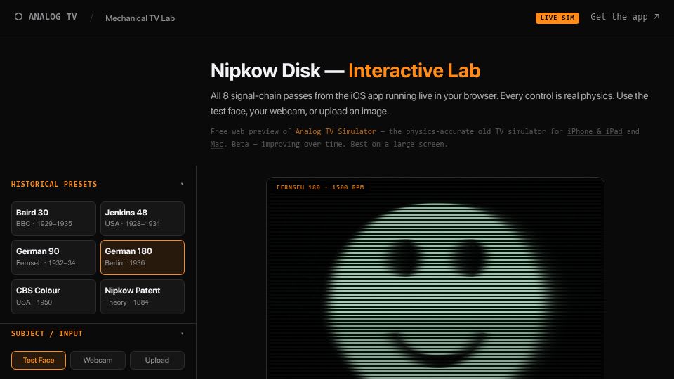 Screenshot of analogtv.net: A Nipkow Disk Mechanical TV Simulator