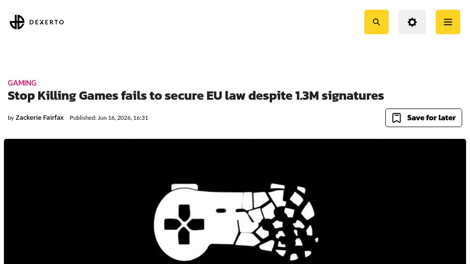 Screenshot of dexerto.com: Stop Killing Games fails to secure EU law despite 1.3M signatures