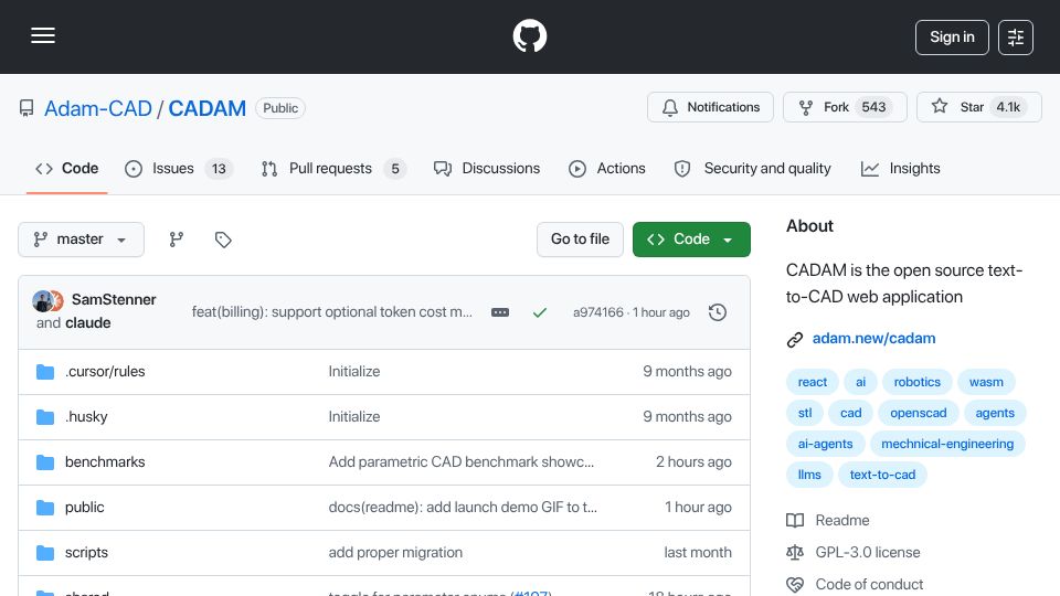Screenshot of github.com: Launch HN: Adam (YC W25) – Open-Source AI CAD