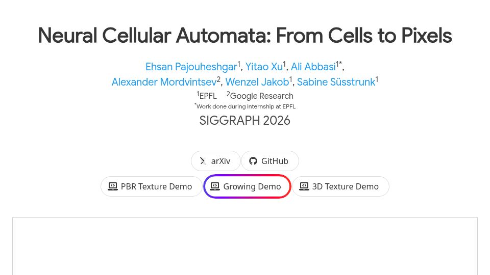 Screenshot of cells2pixels.github.io: Show HN: High-Res Neural Cellular Automata