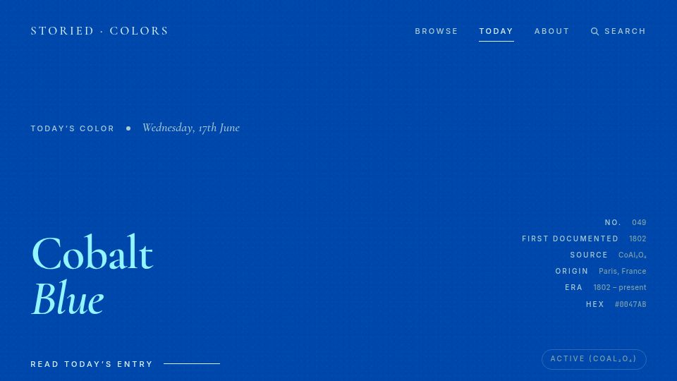 Screenshot of storiedcolors.com: Storied Colors – A catalogue of named colors