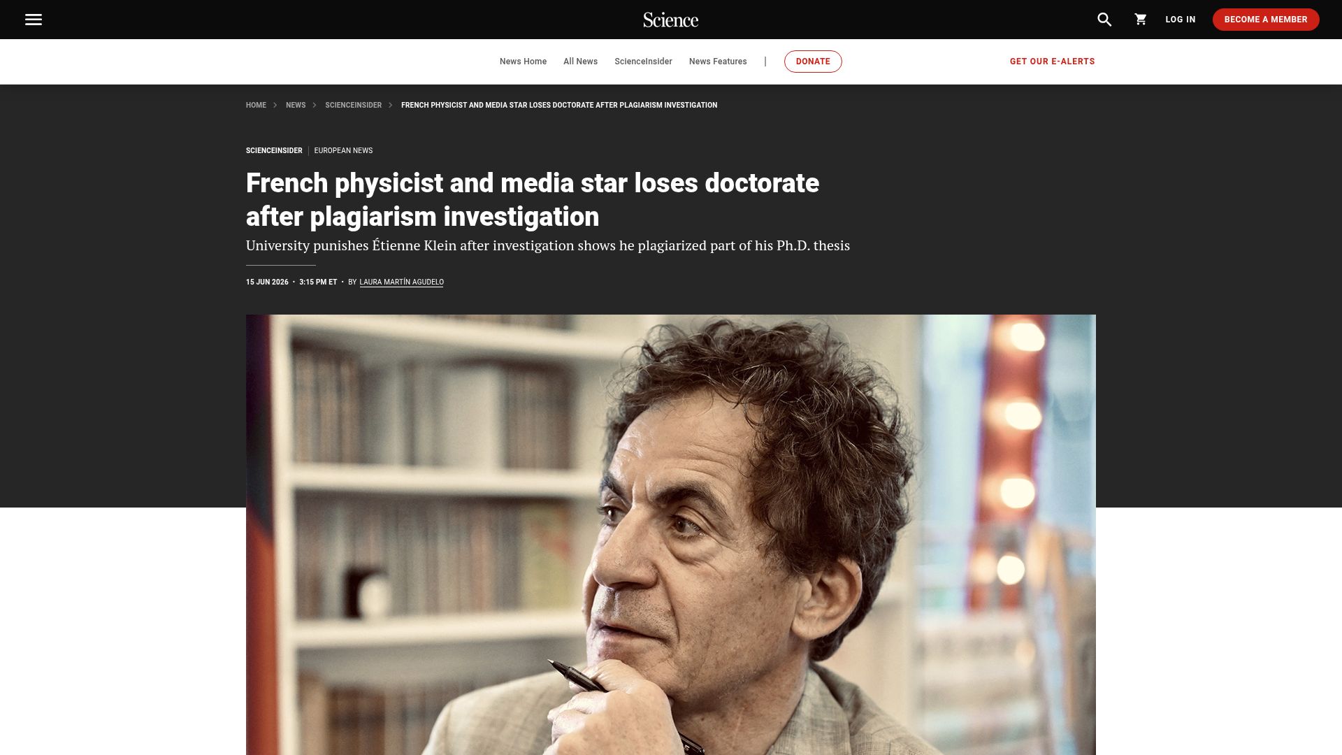Screenshot of science.org: French physicist and media star loses doctorate after plagiarism investigation