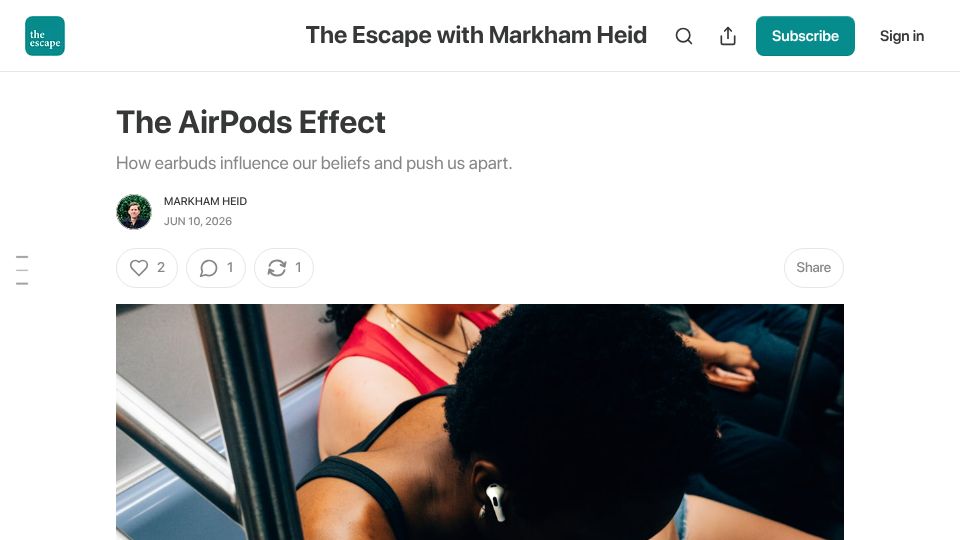 Screenshot of theescapenewsletter.com: The AirPods Effect