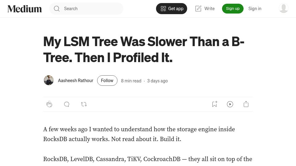 Screenshot of aasheesh.vercel.app: My LSM tree was slower than a B-tree. Then I profiled it