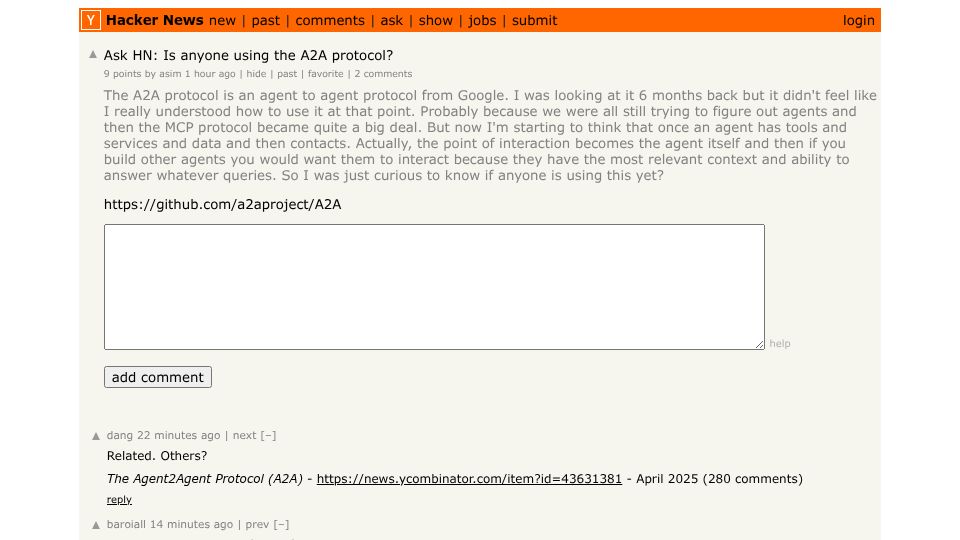 Screenshot of Hacker News post: Ask HN: Is anyone using the A2A protocol?