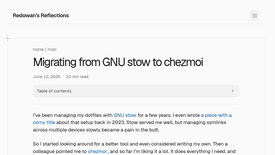Screenshot of rednafi.com: Migrating from GNU Stow to Chezmoi