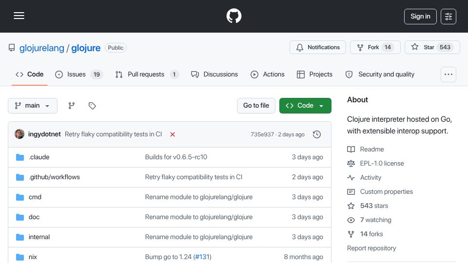Screenshot of github.com: Clojure Hosted on Go